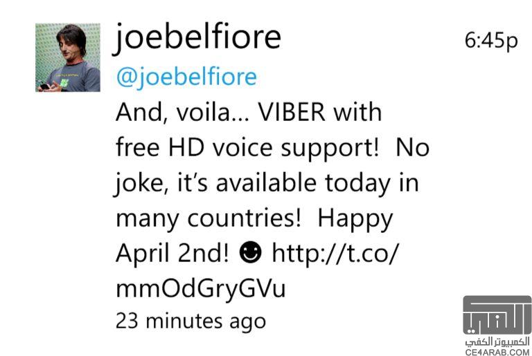 joe belfiore برنامج Viber قادم اليوم لاجهزة ويندوز فون ( وصل )