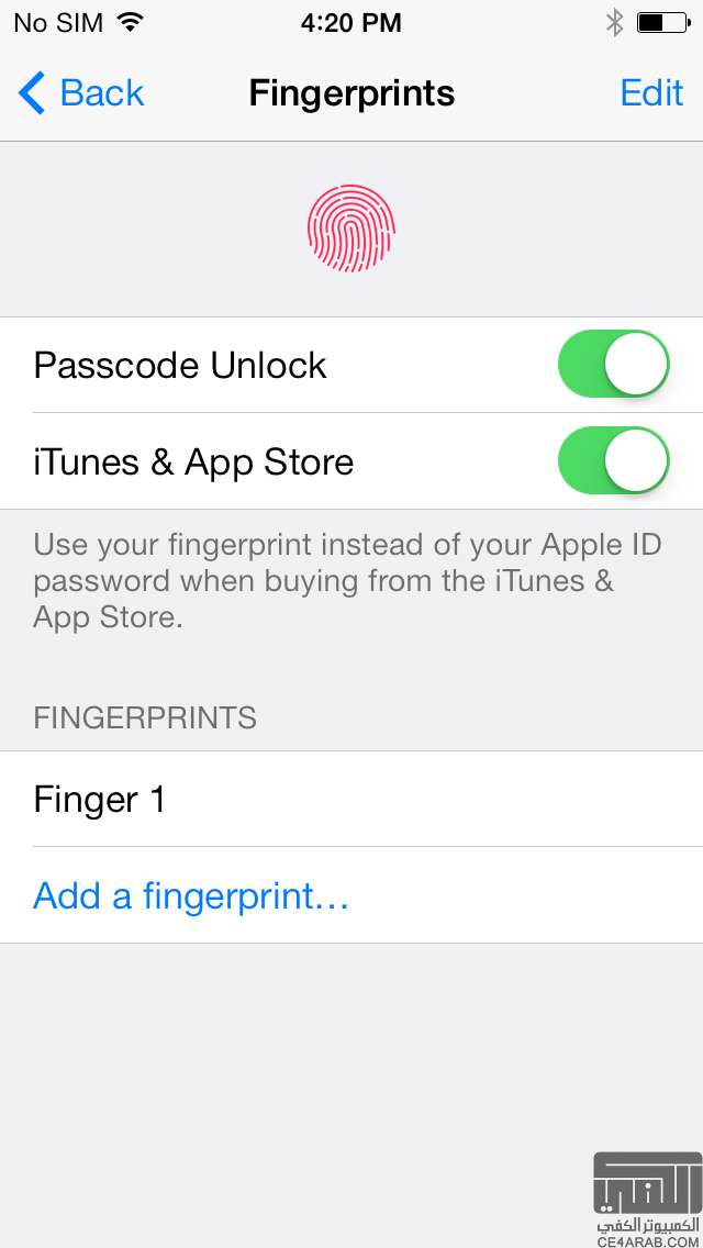 شرح: طريقة اضافة وتفعيل بصمة الاصبع في الايفون 5S