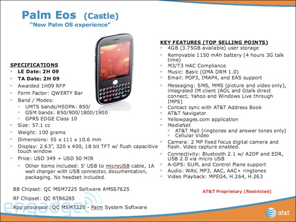 بعد جهاز Palm Pre تعلن بالم عن الجهاز الذي يليه Palm EOS بنظام WebOS